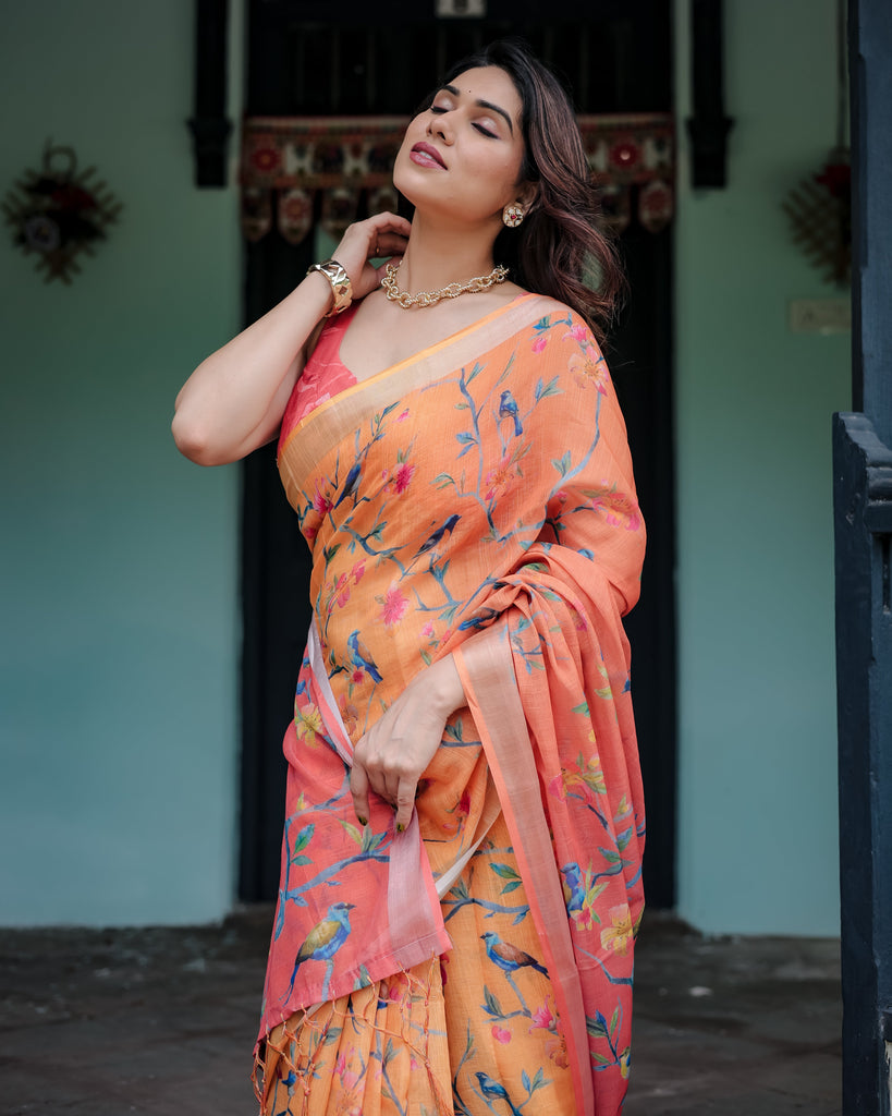 Peach and Orange Pure Cotton Linen Saree with Floral and Bird Print, Blouse, and Tassel Detailing LINEN