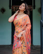 Load image into Gallery viewer, Peach and Orange Pure Cotton Linen Saree with Floral and Bird Print, Blouse, and Tassel Detailing LINEN