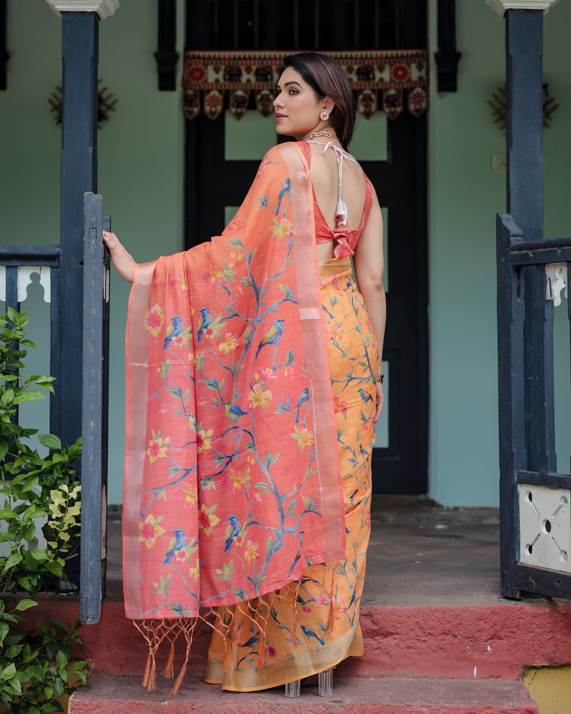Peach and Orange Pure Cotton Linen Saree with Floral and Bird Print, Blouse, and Tassel Detailing LINEN