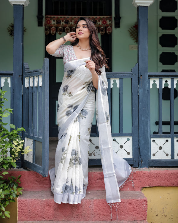 White and Grey Pure Cotton Linen Saree with Floral Print, Blouse, and Tassel Detailing LINEN