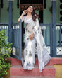 Load image into Gallery viewer, White and Grey Pure Cotton Linen Saree with Floral Print, Blouse, and Tassel Detailing LINEN