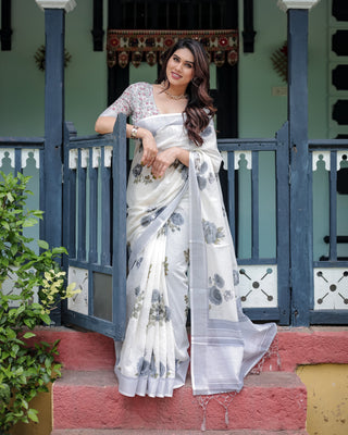 White and Grey Pure Cotton Linen Saree with Floral Print, Blouse, and Tassel Detailing LINEN
