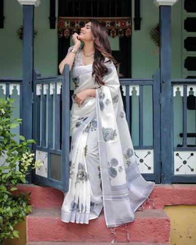 White and Grey Pure Cotton Linen Saree with Floral Print, Blouse, and Tassel Detailing LINEN