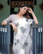 Load image into Gallery viewer, White and Grey Pure Cotton Linen Saree with Floral Print, Blouse, and Tassel Detailing LINEN