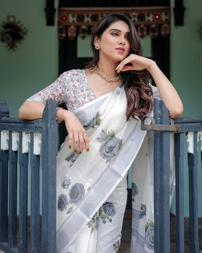 White and Grey Pure Cotton Linen Saree with Floral Print, Blouse, and Tassel Detailing LINEN