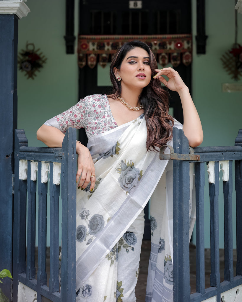 White and Grey Pure Cotton Linen Saree with Floral Print, Blouse, and Tassel Detailing LINEN