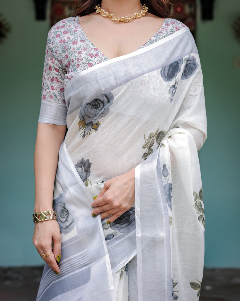 White and Grey Pure Cotton Linen Saree with Floral Print, Blouse, and Tassel Detailing LINEN