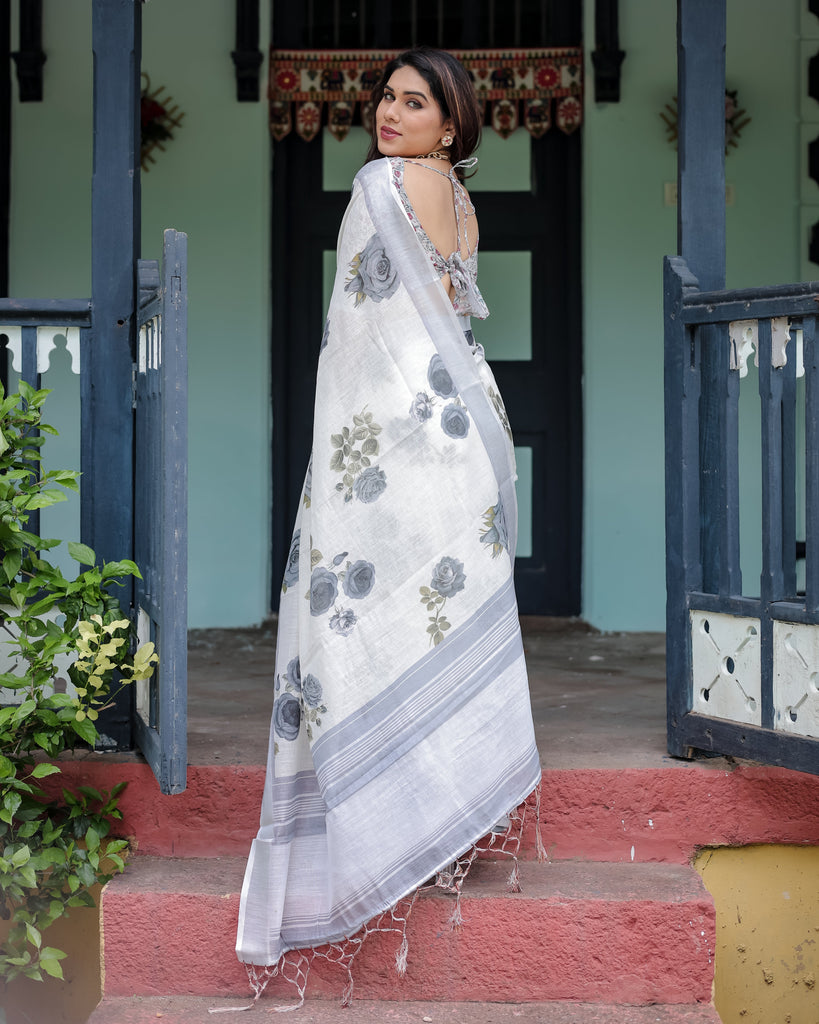 White and Grey Pure Cotton Linen Saree with Floral Print, Blouse, and Tassel Detailing LINEN