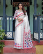 Load image into Gallery viewer, White Pure Cotton Linen Saree with Multicolor Checkered Design, Blouse, and Tassel Detailing LINEN