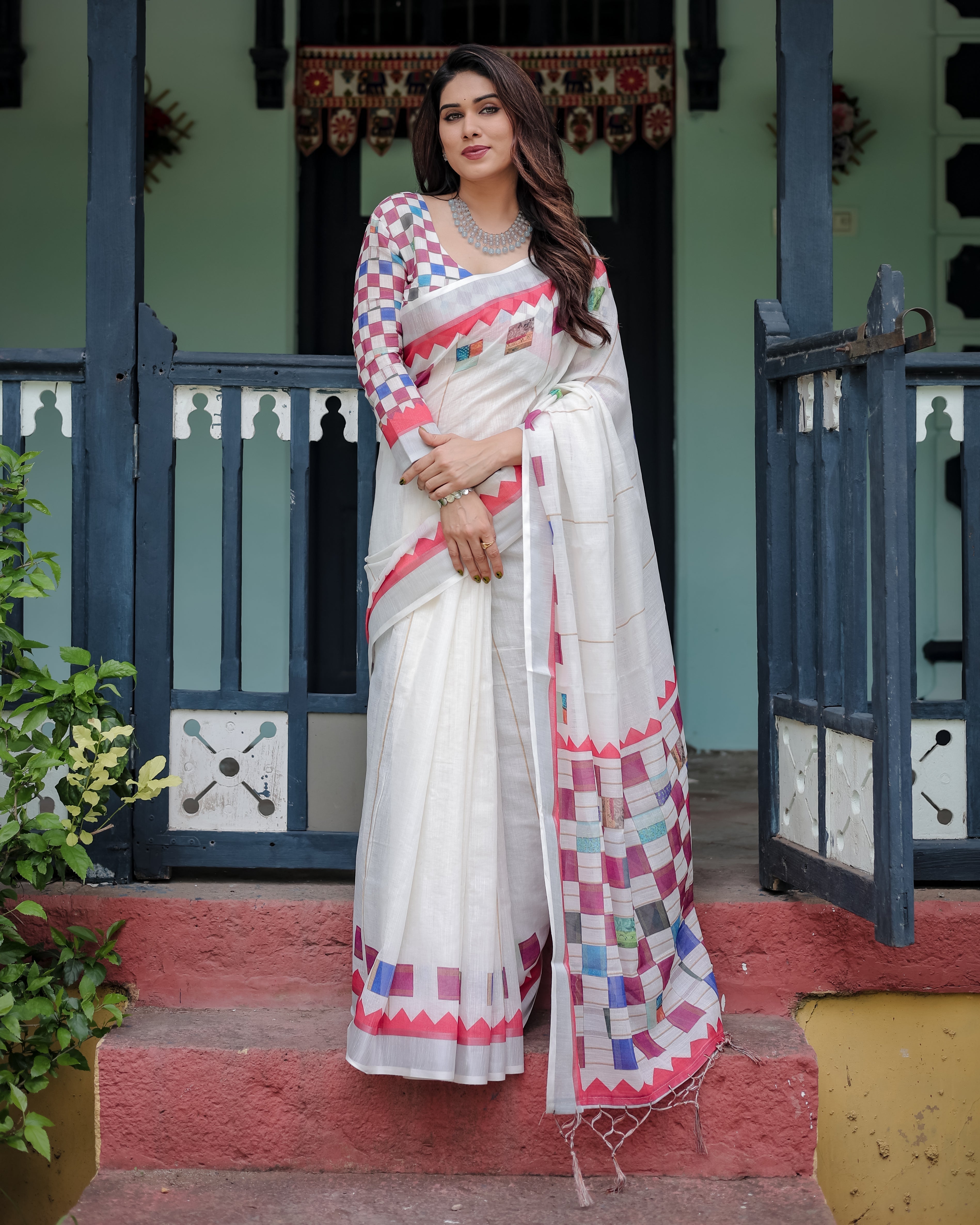 White Pure Cotton Linen Saree with Multicolor Checkered Design, Blouse, and Tassel Detailing LINEN