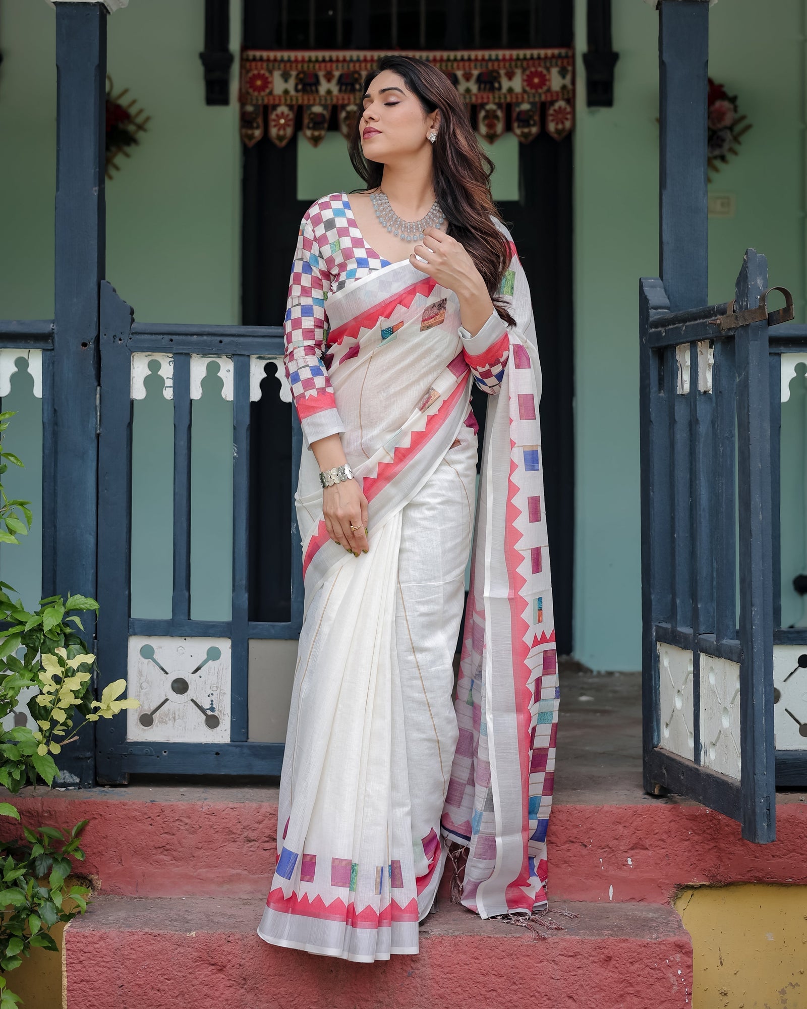 White Pure Cotton Linen Saree with Multicolor Checkered Design, Blouse, and Tassel Detailing LINEN