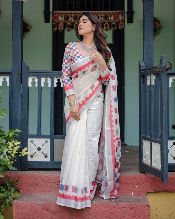White Pure Cotton Linen Saree with Multicolor Checkered Design, Blouse, and Tassel Detailing LINEN