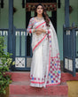 Load image into Gallery viewer, White Pure Cotton Linen Saree with Multicolor Checkered Design, Blouse, and Tassel Detailing LINEN