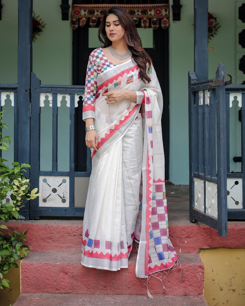 White Pure Cotton Linen Saree with Multicolor Checkered Design, Blouse, and Tassel Detailing LINEN