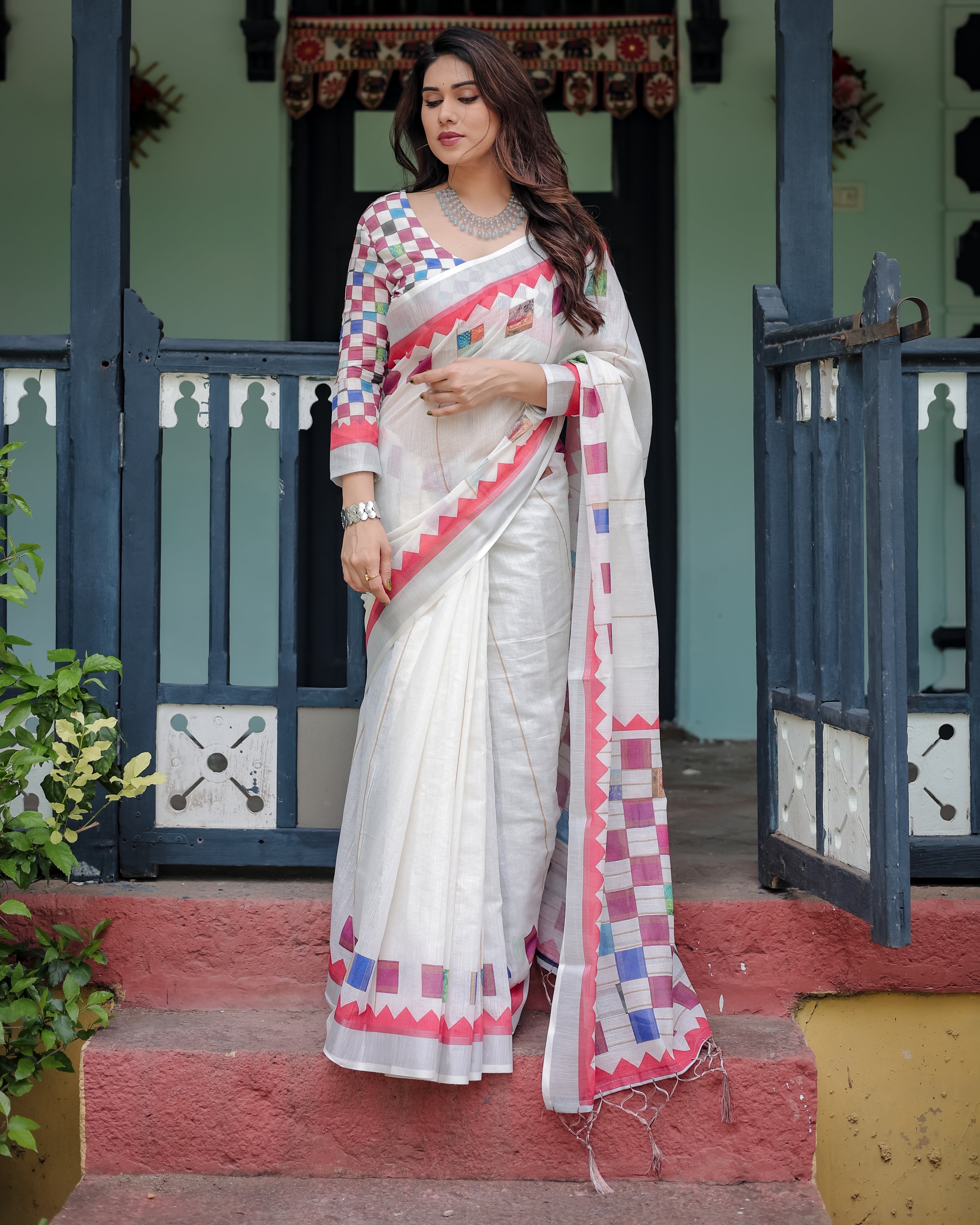 White Pure Cotton Linen Saree with Multicolor Checkered Design, Blouse, and Tassel Detailing LINEN