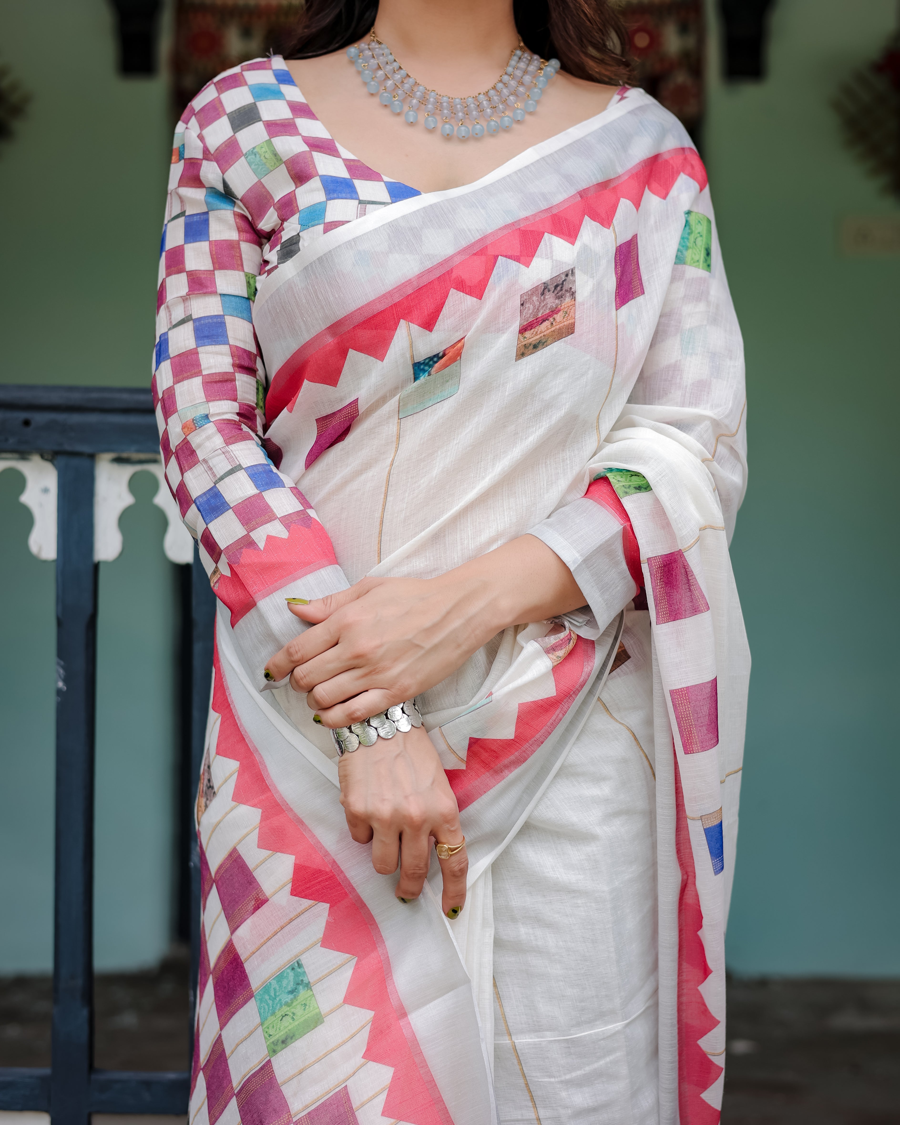 White Pure Cotton Linen Saree with Multicolor Checkered Design, Blouse, and Tassel Detailing LINEN