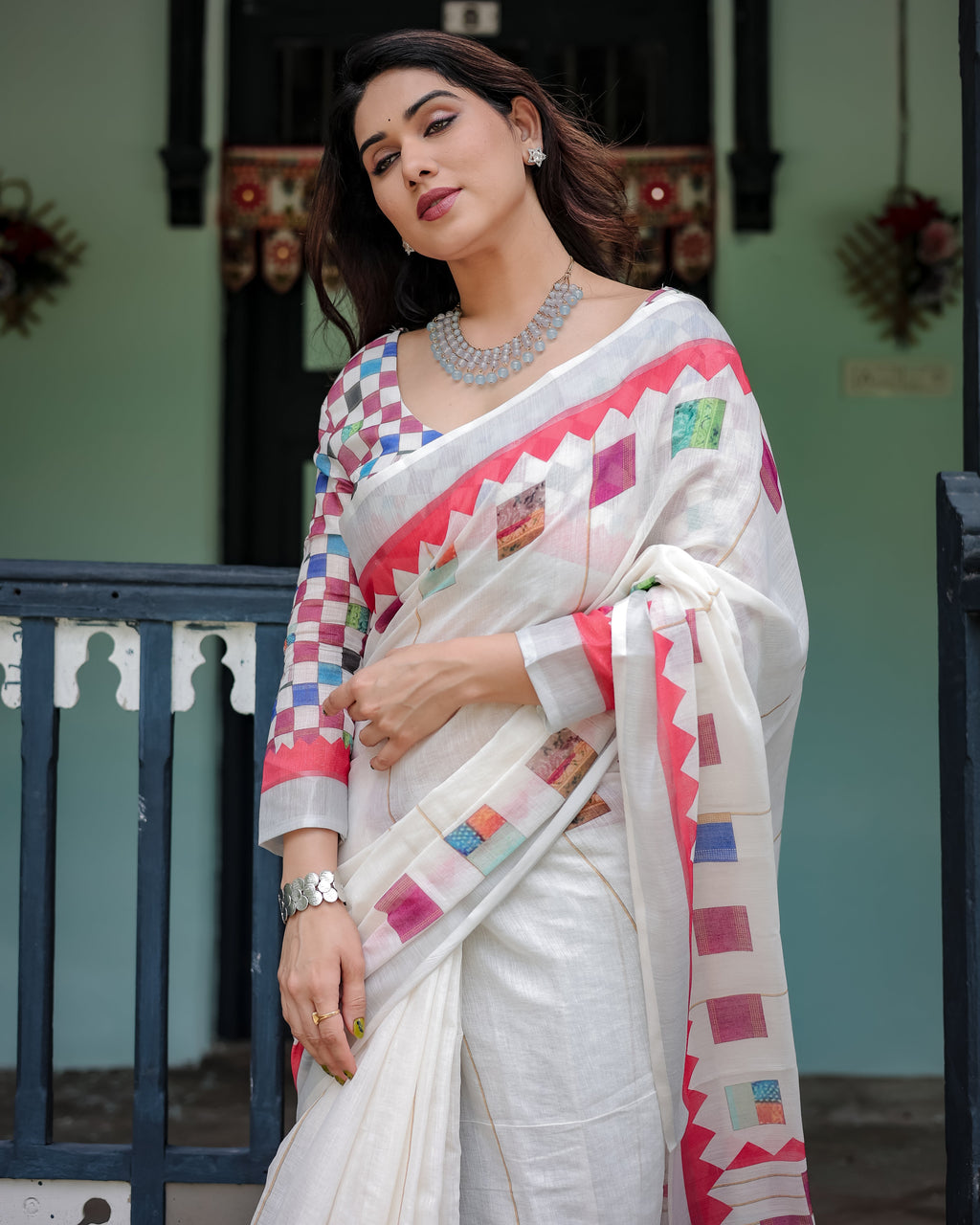 White Pure Cotton Linen Saree with Multicolor Checkered Design, Blouse, and Tassel Detailing LINEN