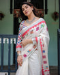 Load image into Gallery viewer, White Pure Cotton Linen Saree with Multicolor Checkered Design, Blouse, and Tassel Detailing LINEN