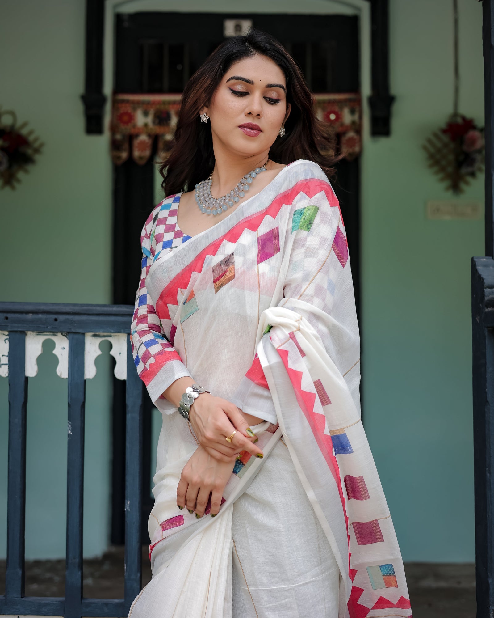 White Pure Cotton Linen Saree with Multicolor Checkered Design, Blouse, and Tassel Detailing LINEN