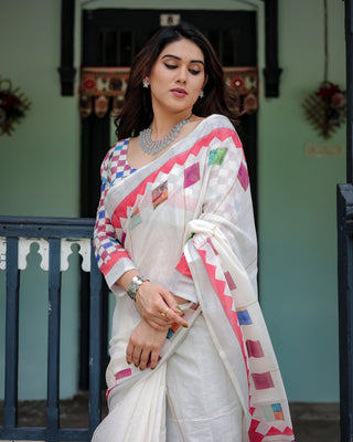 White Pure Cotton Linen Saree with Multicolor Checkered Design, Blouse, and Tassel Detailing LINEN