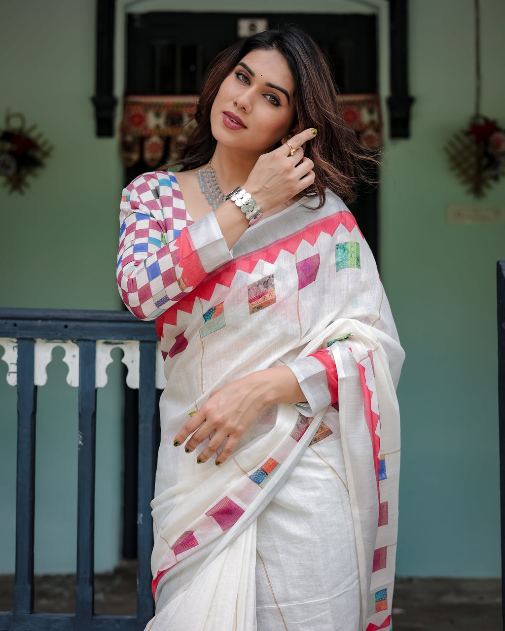 White Pure Cotton Linen Saree with Multicolor Checkered Design, Blouse, and Tassel Detailing LINEN