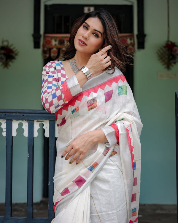 White Pure Cotton Linen Saree with Multicolor Checkered Design, Blouse, and Tassel Detailing LINEN