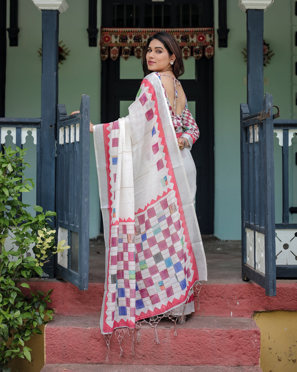 White Pure Cotton Linen Saree with Multicolor Checkered Design, Blouse, and Tassel Detailing LINEN