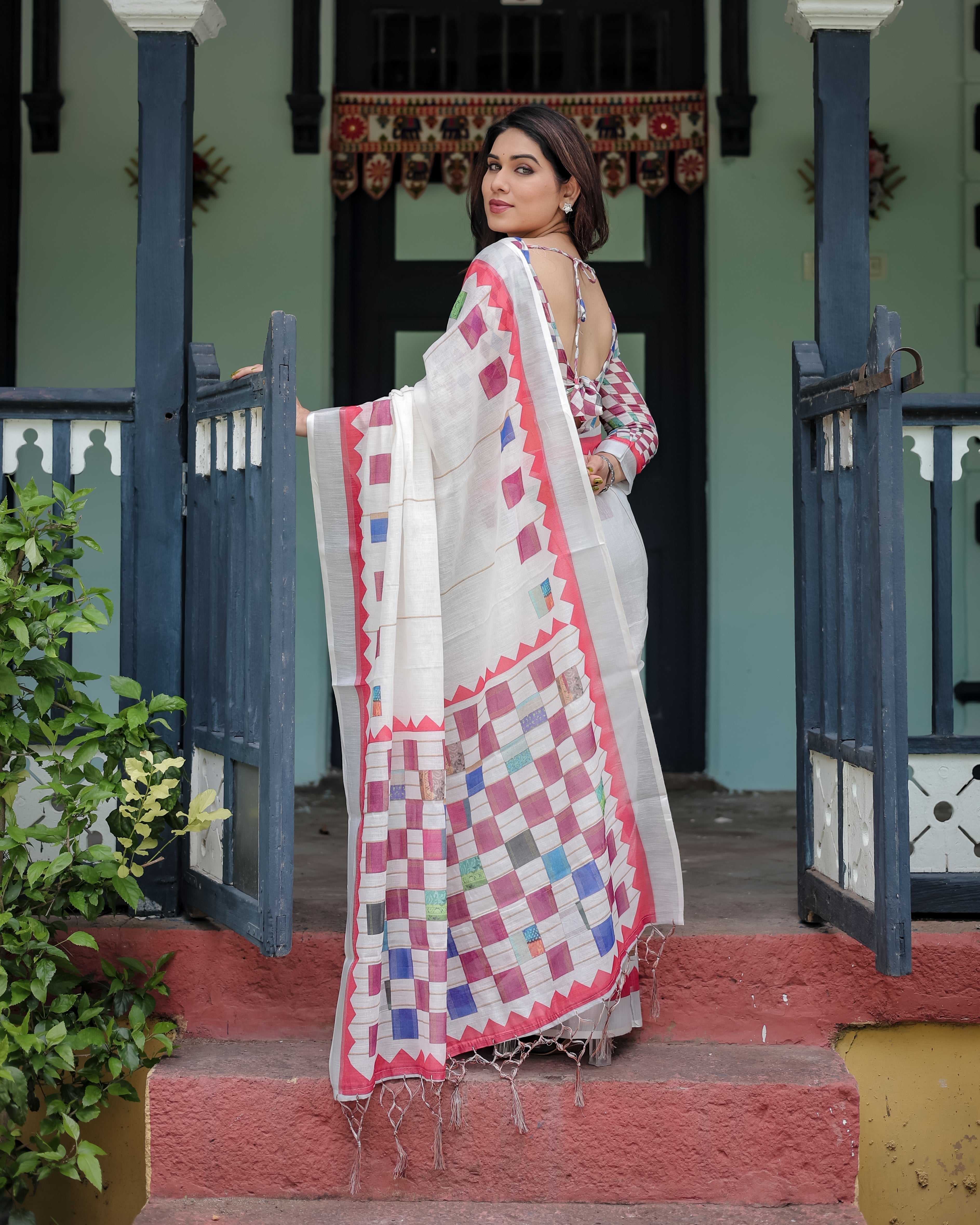 White Pure Cotton Linen Saree with Multicolor Checkered Design, Blouse, and Tassel Detailing LINEN