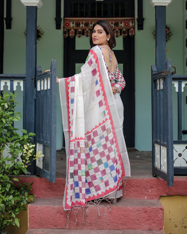 White Pure Cotton Linen Saree with Multicolor Checkered Design, Blouse, and Tassel Detailing LINEN