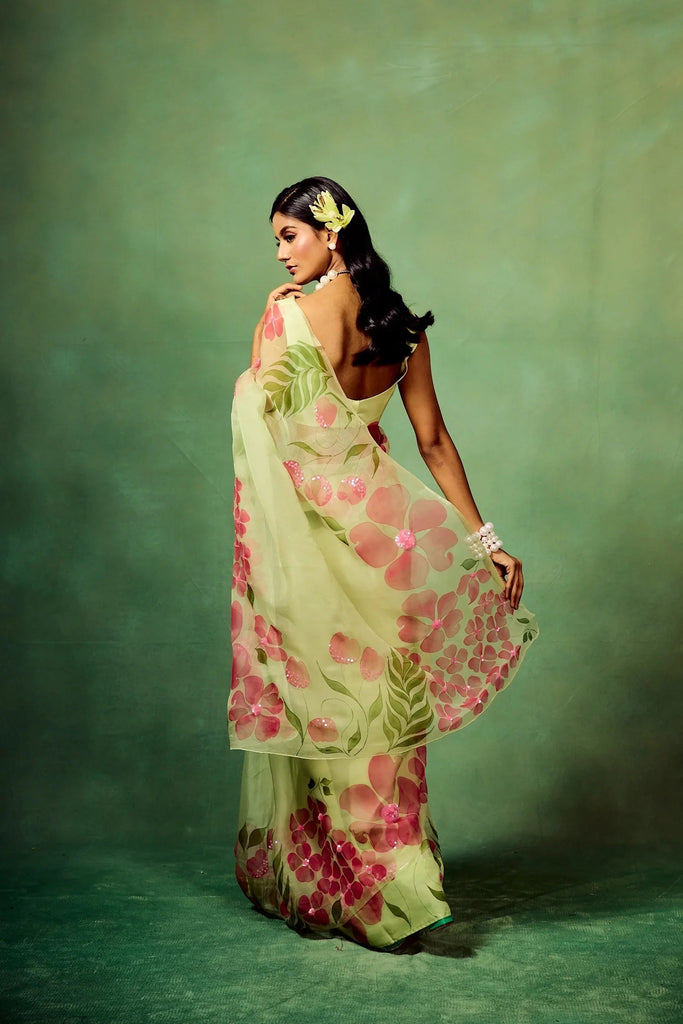 Mint Green Pure Organza Saree with Hand-Painted Pink Floral Motifs & Sequin Detailing | Satin Blouse FANCY SAREES
