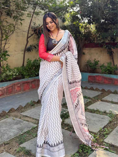 Elegant White Pure Linen Digital Printed Saree with Chevron Design and Intricate Red-Black Geometric Pallu – Tassel Details and Matching Blouse Piece LINEN