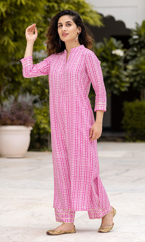 Pink Pure Muslin Kurti Set with Printed Work ClothsVilla Main image