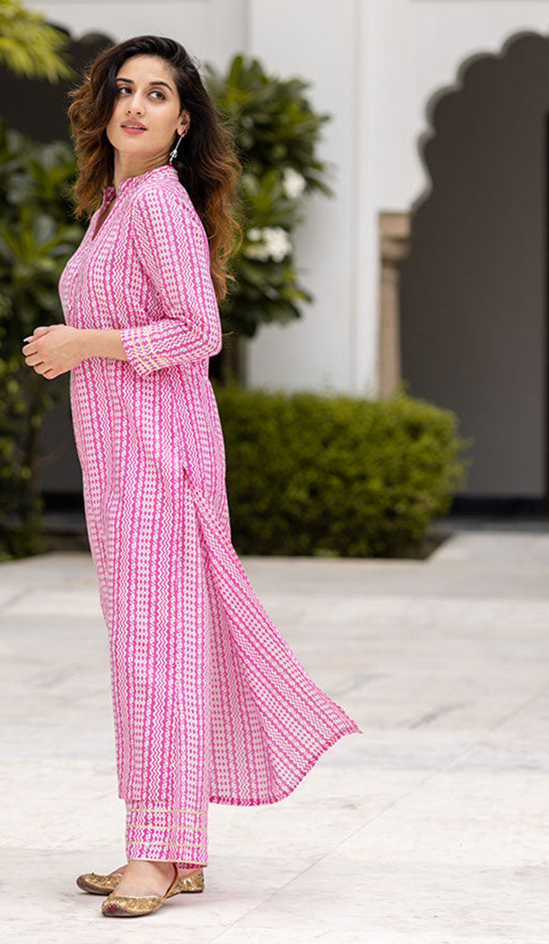 Pink Pure Muslin Kurti Set with Printed Work Secondary image