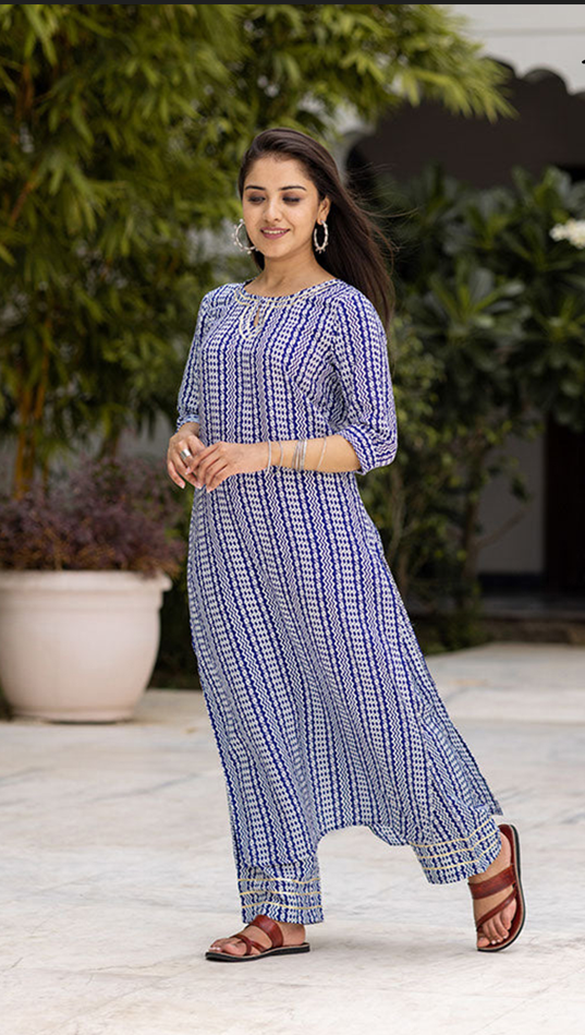 Breezy Blue Muslin Kurti Set with Printed Design - Designer Readymade ClothsVilla