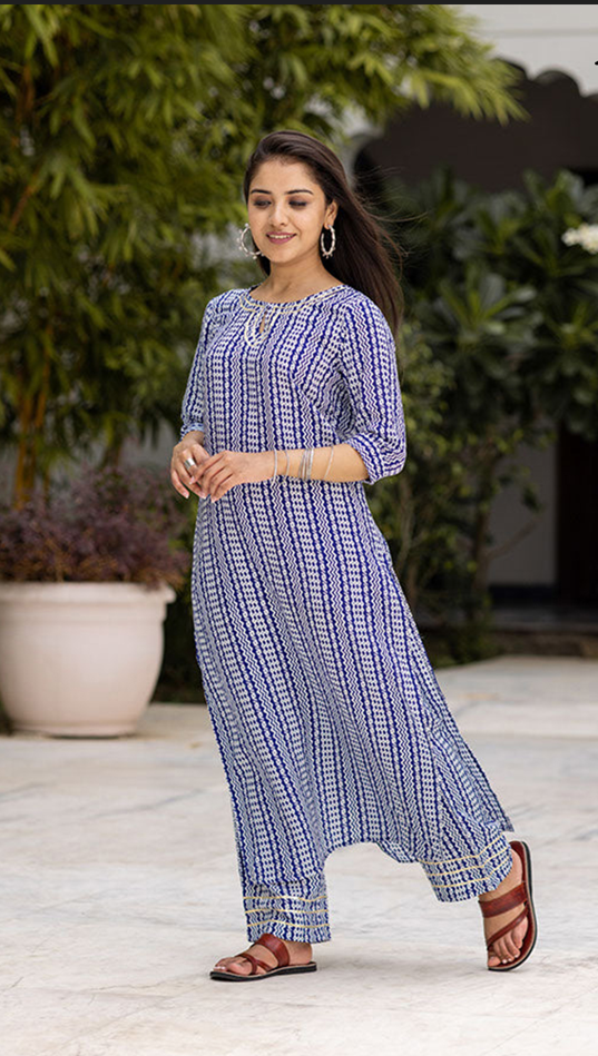 Breezy Blue Muslin Kurti Set with Printed Design Designer Readymade