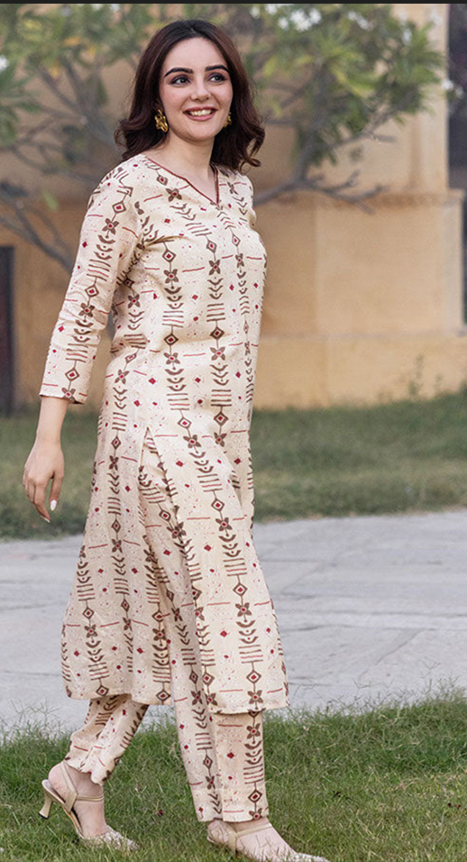 Cream Printed Muslin Kurti with Crepe Lining ClothsVilla