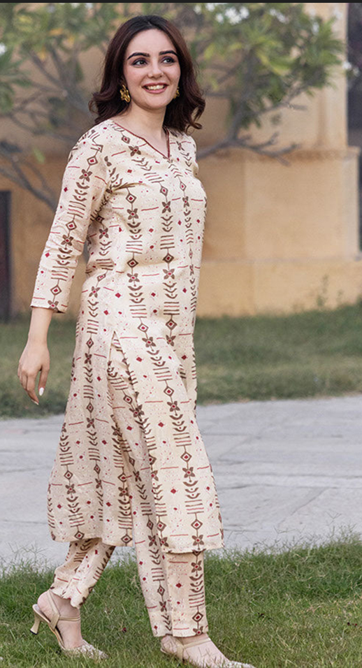 Cream Printed Muslin Kurti with Crepe Lining