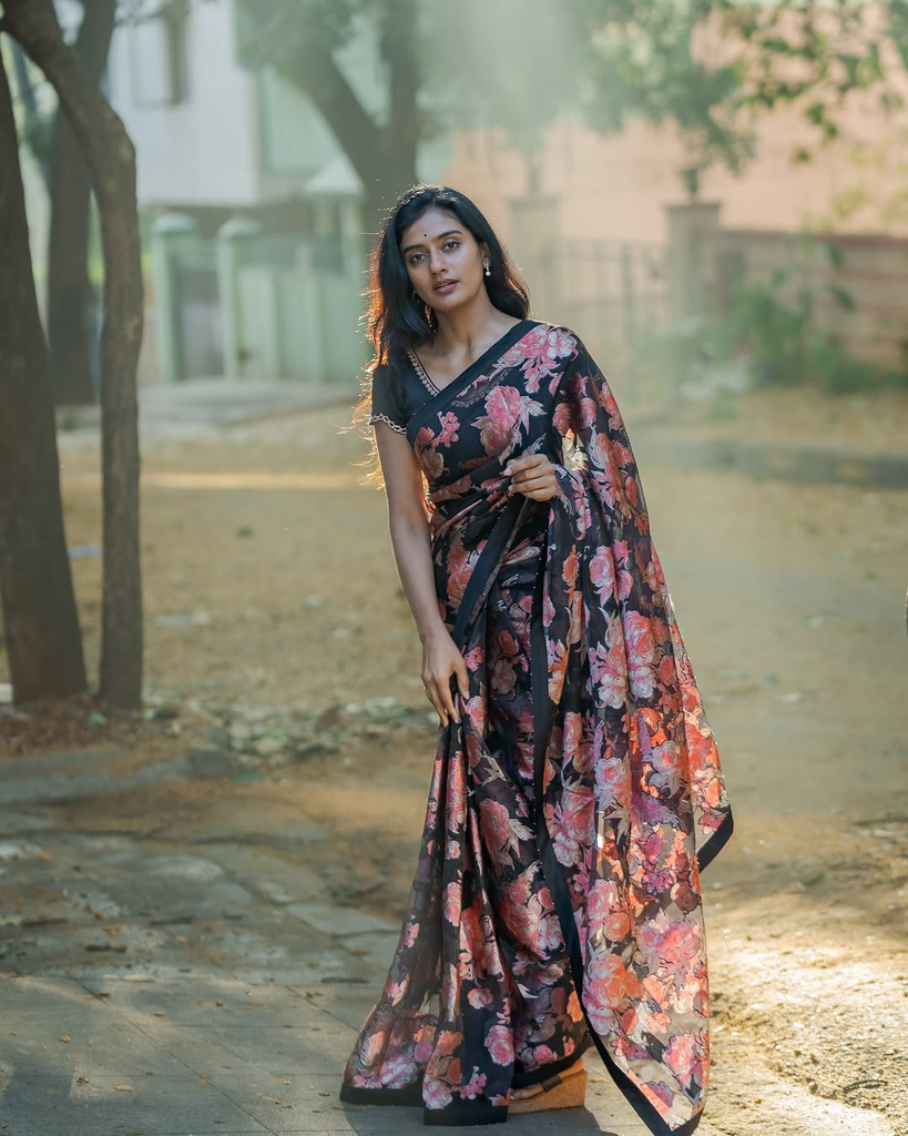Midnight Bloom Black Georgette Saree with Vintage Rose Floral Print & Matching Blouse Fabric FANCY SAREES