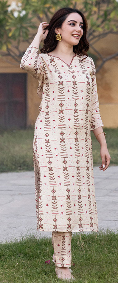 Cream Printed Muslin Kurti with Crepe Lining ClothsVilla