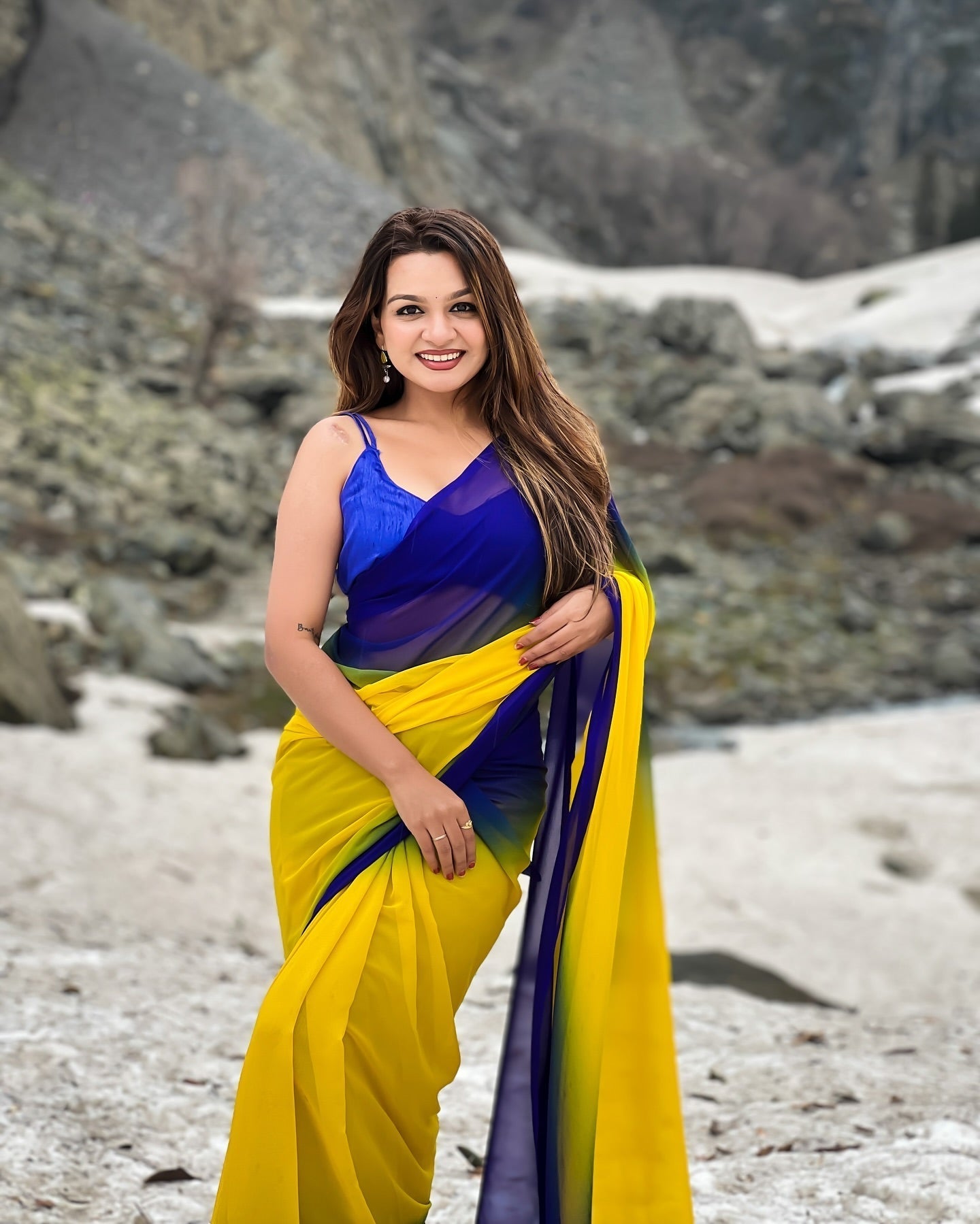 Dual-Tone Yellow Blue Georgette Printed Saree for Daily & Festive Look FANCY SAREES