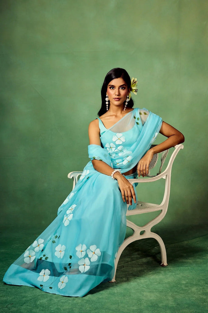 Sky Blue Organza Saree with Hand-Painted White Dogwood Flowers & Satin Blouse FANCY SAREES