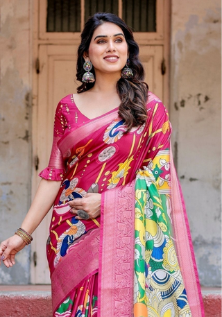 Magenta Tussar Silk Saree with Artistic Peacock & Floral Kalamkari Design DIGITAL PRINT