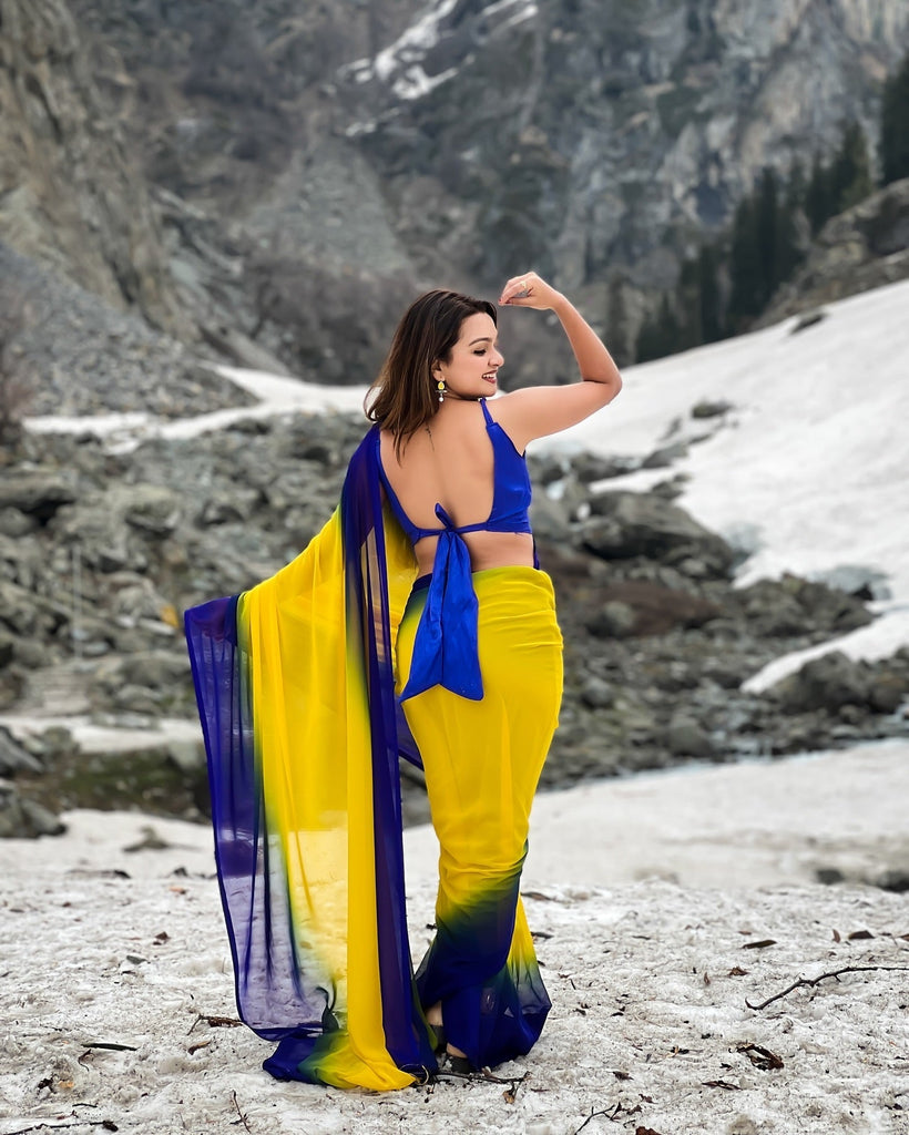 Dual-Tone Yellow Blue Georgette Printed Saree for Daily & Festive Look FANCY SAREES