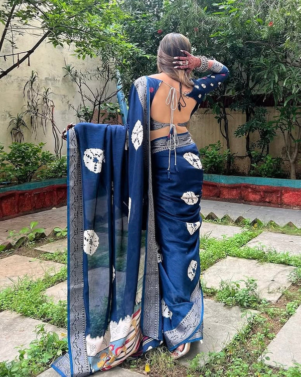Navy Blue Tussar Silk Saree with White Floral Prints & Zari Border DIGITAL PRINT
