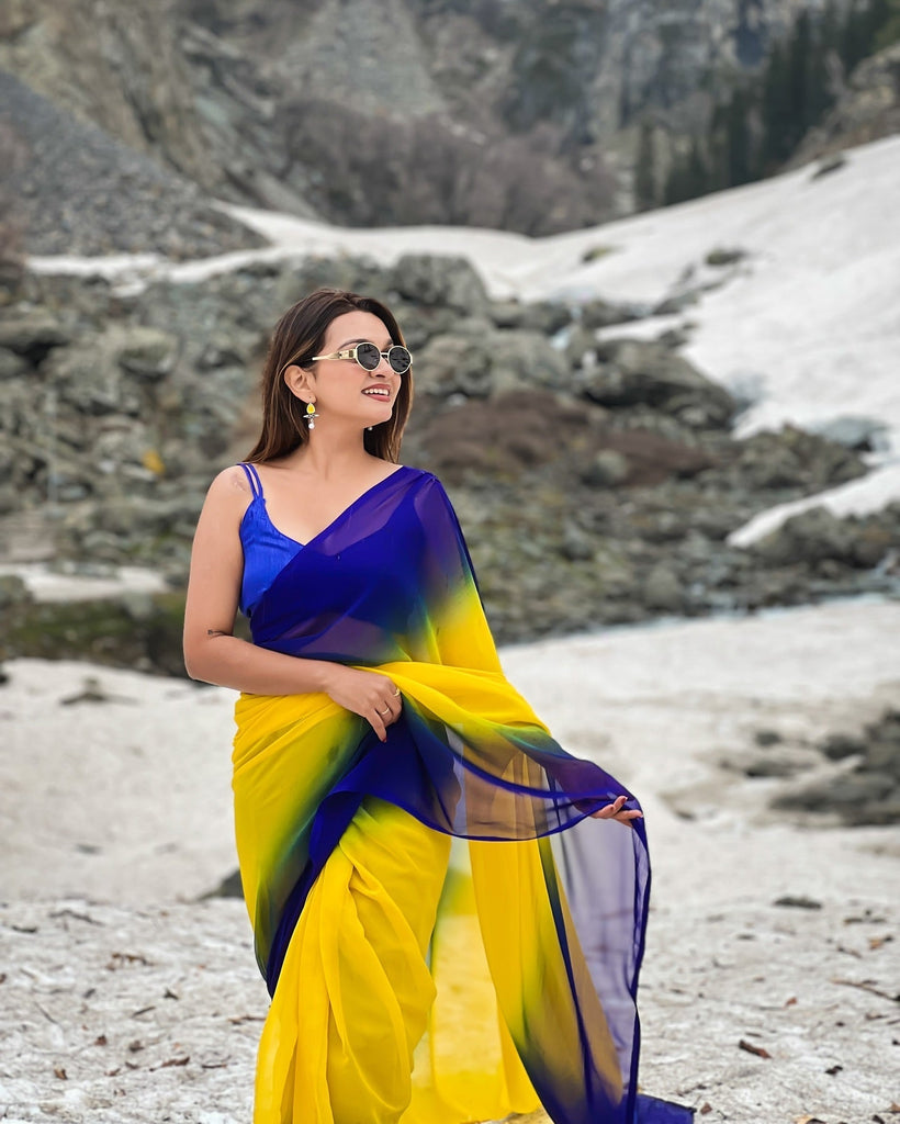 Dual-Tone Yellow Blue Georgette Printed Saree for Daily & Festive Look FANCY SAREES
