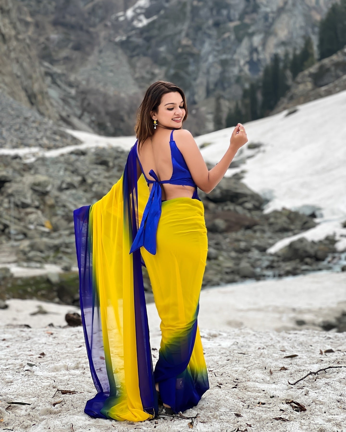 Dual-Tone Yellow Blue Georgette Printed Saree for Daily & Festive Look FANCY SAREES