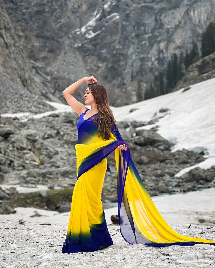 Dual-Tone Yellow Blue Georgette Printed Saree for Daily & Festive Look FANCY SAREES