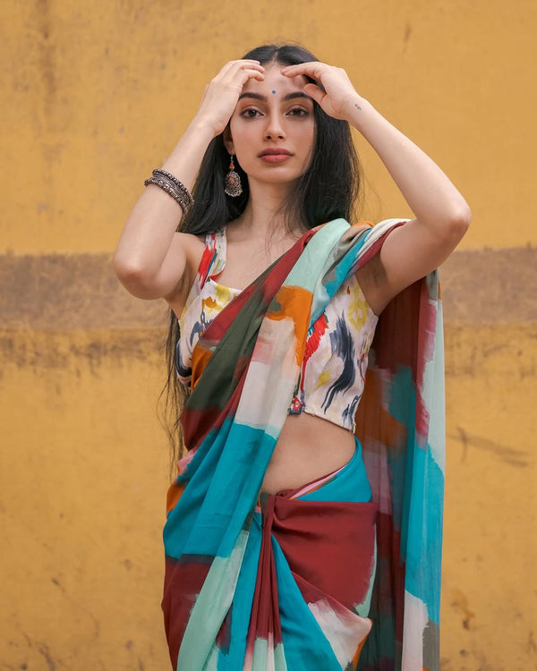Boho Abstract Multicolor Georgette Saree with Artistic Brushstroke Print & Blouse Fabric FANCY SAREES