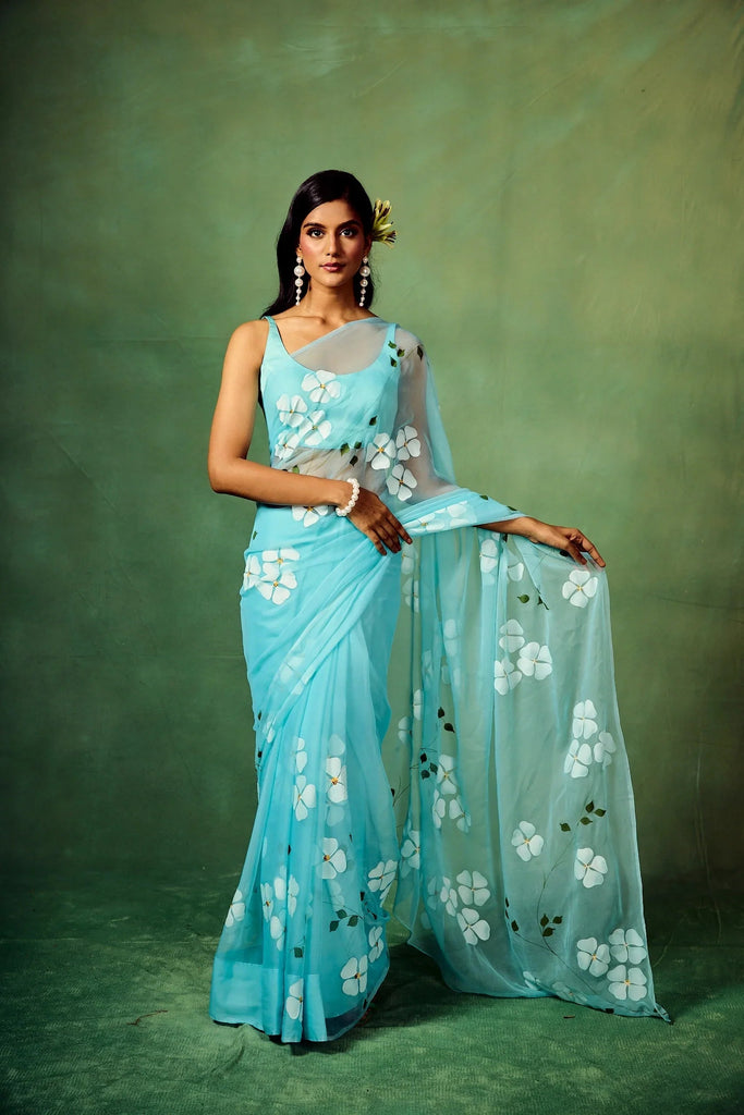Sky Blue Organza Saree with Hand-Painted White Dogwood Flowers & Satin Blouse FANCY SAREES