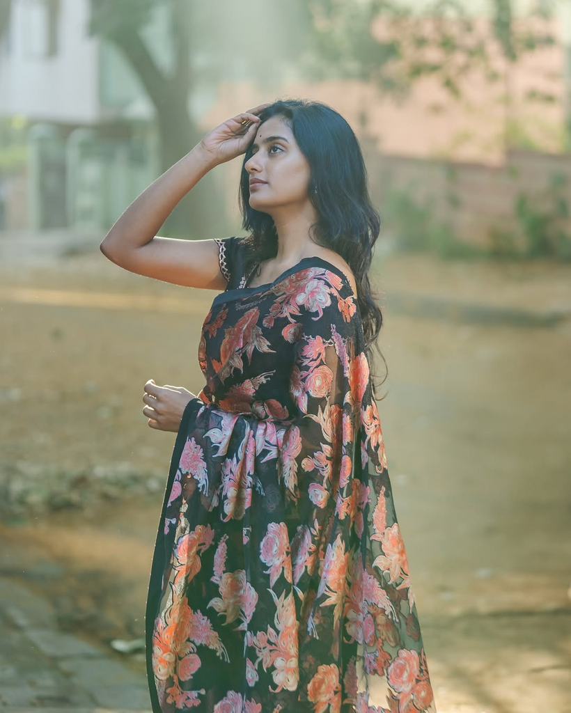 Midnight Bloom Black Georgette Saree with Vintage Rose Floral Print & Matching Blouse Fabric FANCY SAREES